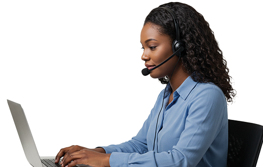 a customer care lady with a headphone on a operating a laptop